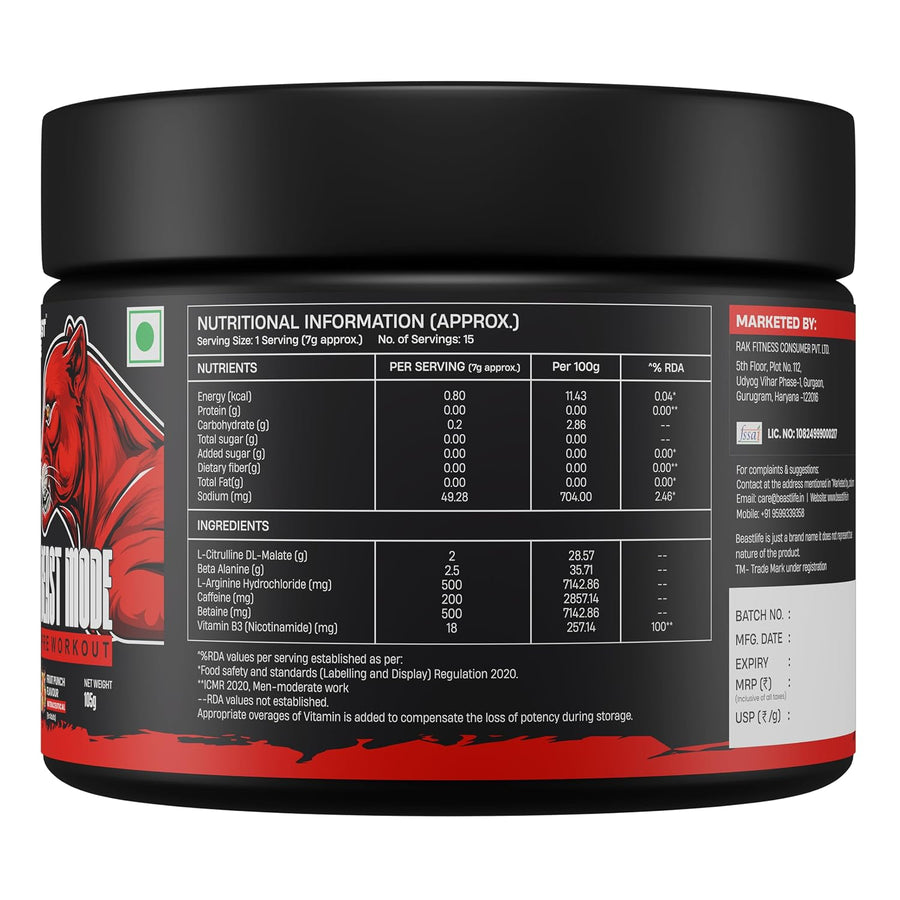 Beastlife Beast Mode Pre Workout – 105g | Fruit Punch | 30 Servings | 200mg Caffeine | 2500mg Beta-Alanine | 2000mg Citrulline | 500mg Betaine | Pump, Energy & Focus