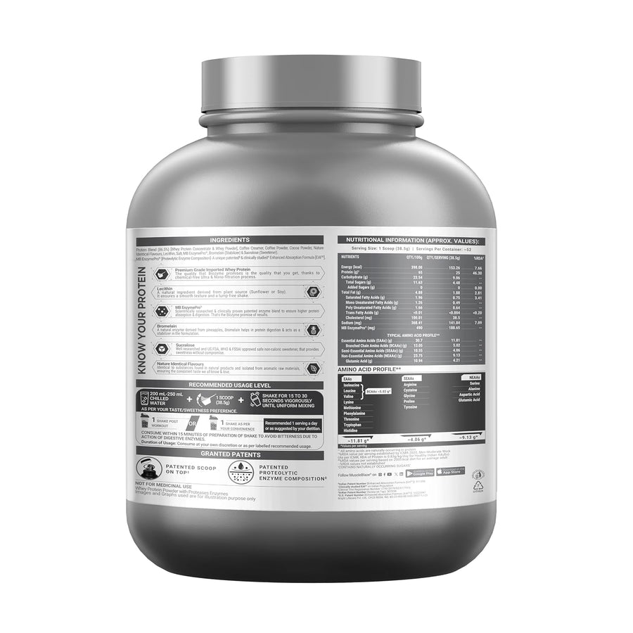MuscleBlaze Biozyme Performance Whey Protein | 2kg (55 Servings) | Blue Tokai Coffee | 25g Protein
