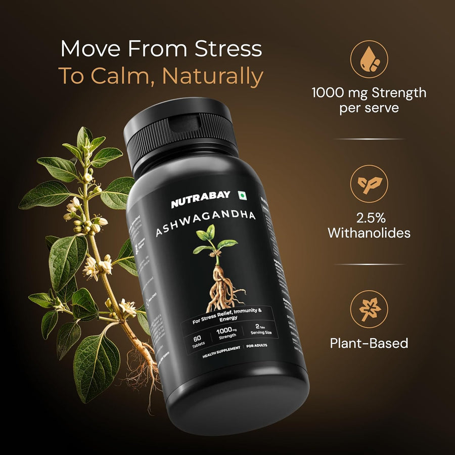 Nutrabay Wellness Ashwagandha Extract Tablet | 1000mg Withania Somnifera | Energy, Stamina, Immunity | Anxiety & Stress Relief | 60 Veg Tablets
