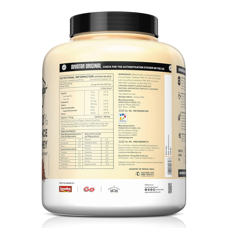 avvatar Performance Whey Protein | 2Kg | Chocolate Hazelnut | 26g Protein | 57 Servings