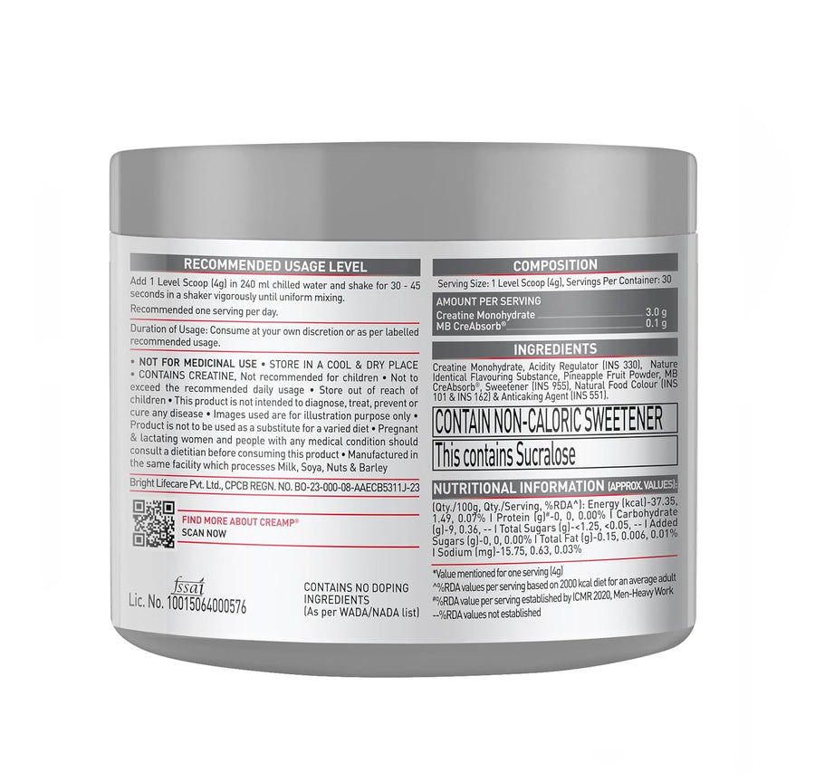 MuscleBlaze CreAMP Micronised Creatine Monohydrate – 120g | Citrus Blast | 30 Servings | 3g Creatine + MB CreAbsorb™ | Trustified Certified | DCD & DHT Free