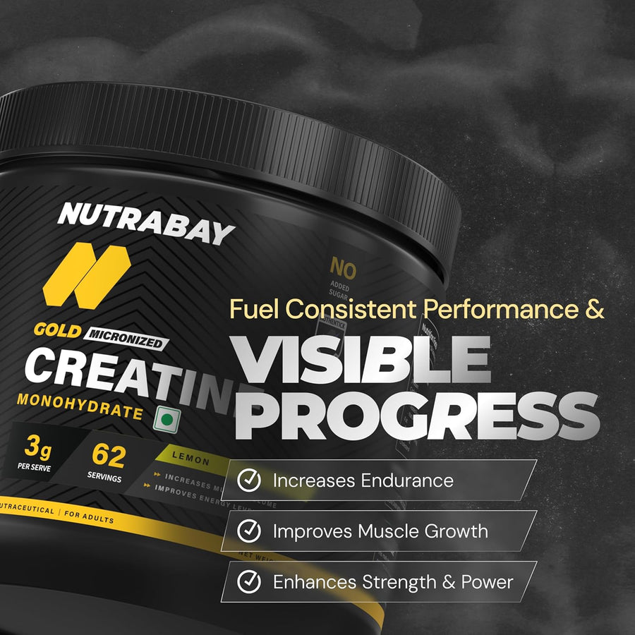 Nutrabay Gold Micronised Creatine Monohydrate Powder 3000 mg Creatine per Serving, NABL Lab Tested – Increases Muscle Mass, Strength & Power – Pre/Post Workout Supplement – 250g, Lemon