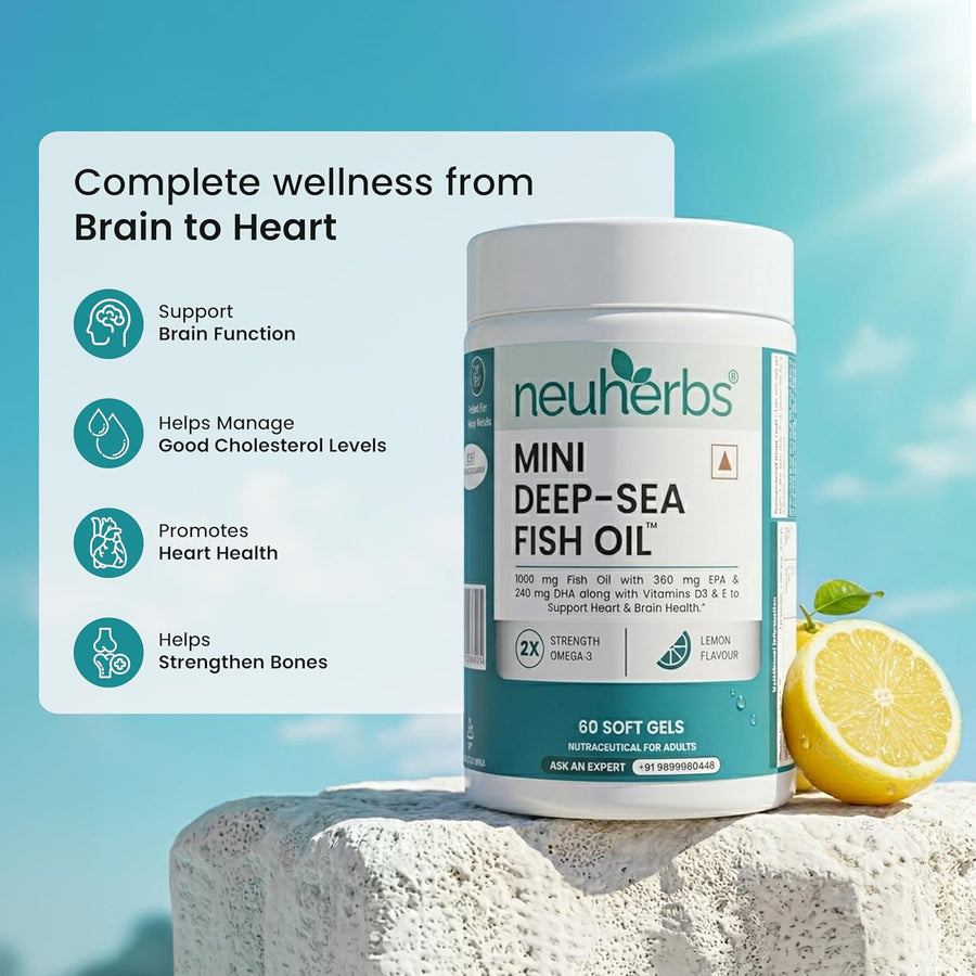 Neuherbs Mini Deep Sea Fish Oil | 1000mg Omega-3 | EPA 360mg & DHA 240mg | Vitamin E & D3 | Heart, Brain, Muscle & Joint Health | Lemon Flavour | 60 Softgels