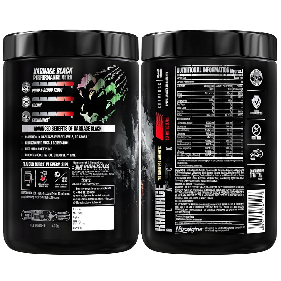 Bigmuscles Nutrition Karnage Black Pre Workout – 420g | 30 Servings | Sex On The Beach | 7000mg L-Citrulline | 150mg Natural Caffeine | 1000mg Nitrosigine® | Soy-Free, Gluten-Free