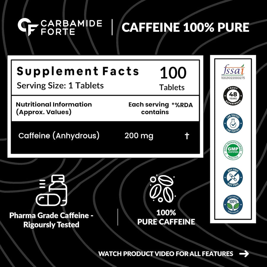 Carbamide Forte Caffeine Tablets | Pre Workout For Men & Women | 200mg Caffeine Pills | 100 Veg Tablets