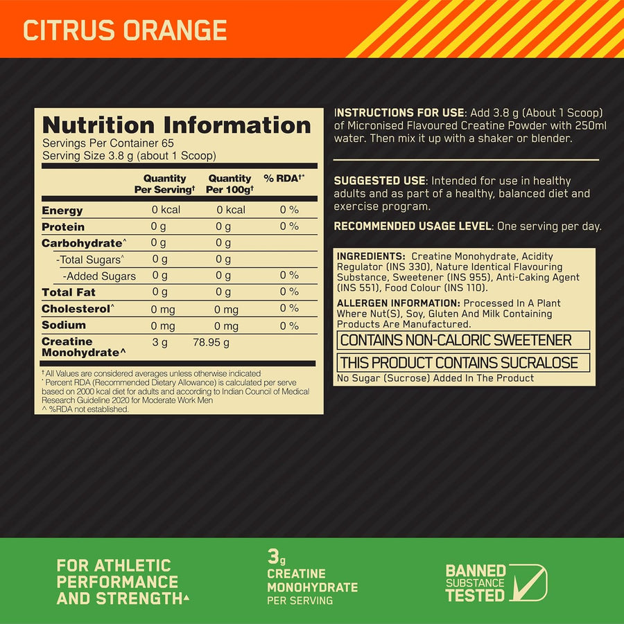 Optimum Nutrition Micronized Creatine Powder | 250g (65 Servings) | Citrus Orange | 3g Creatine