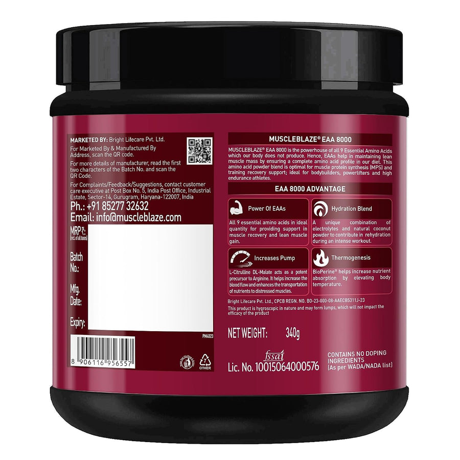 MuscleBlaze EAA 8000 | 340g (25 Servings) | Razz Lemonade | 8000mg EAAs