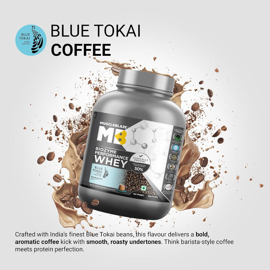 MuscleBlaze Biozyme Performance Whey Protein | 2kg (55 Servings) | Blue Tokai Coffee | 25g Protein