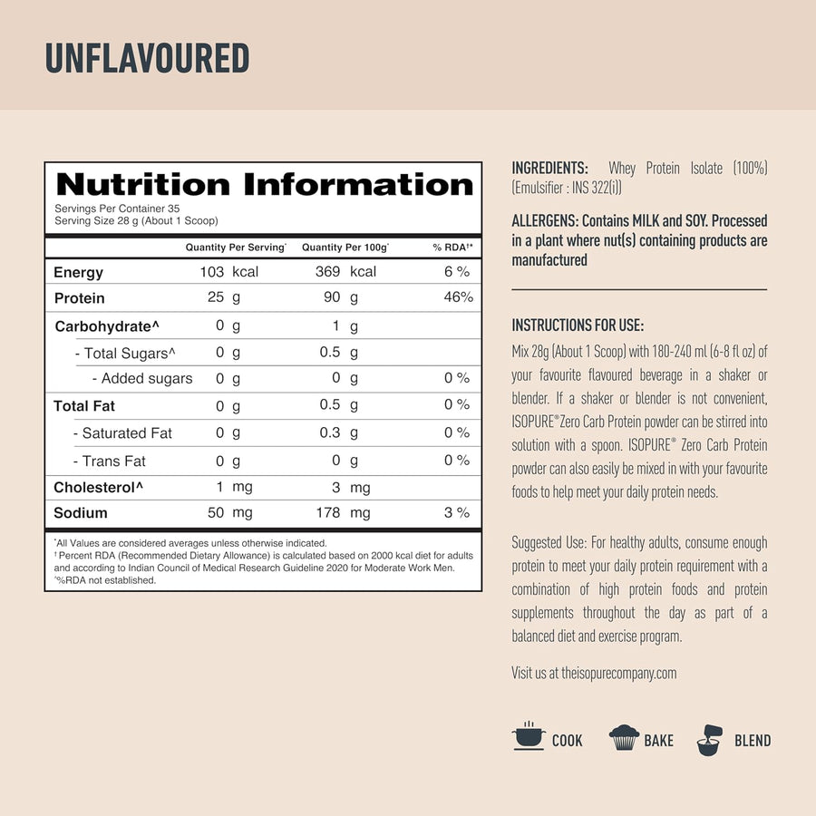Isopure Zero Carb Whey Protein Isolate | 1kg (35 Servings) | Unflavored | 25g Protein