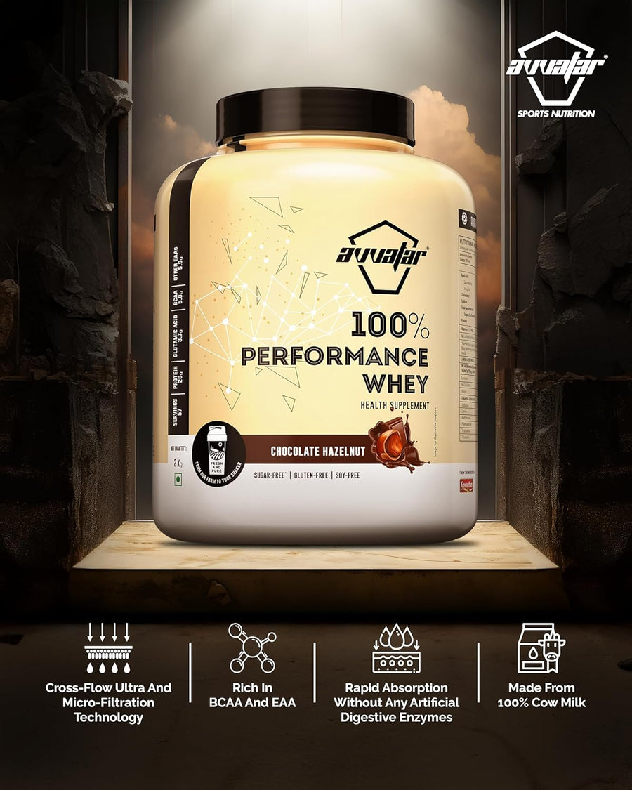 avvatar Performance Whey Protein | 2Kg | Chocolate Hazelnut | 26g Protein | 57 Servings