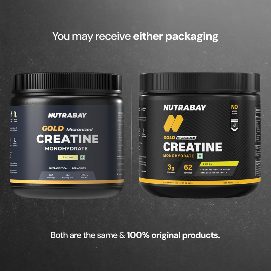 Nutrabay Gold Micronised Creatine Monohydrate Powder 3000 mg Creatine per Serving, NABL Lab Tested – Increases Muscle Mass, Strength & Power – Pre/Post Workout Supplement – 250g, Lemon