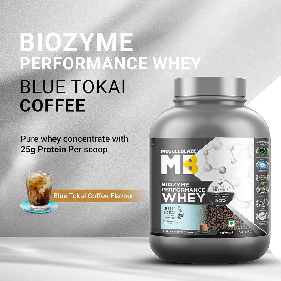 MuscleBlaze Biozyme Performance Whey Protein | 2kg (55 Servings) | Blue Tokai Coffee | 25g Protein