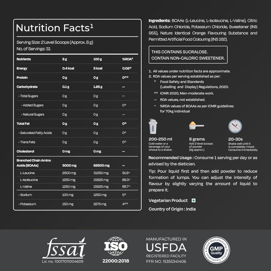 Nutrabay Gold BCAA 2:1:1 with Electrolytes | 250g (31 Servings) Orange 5g BCAA