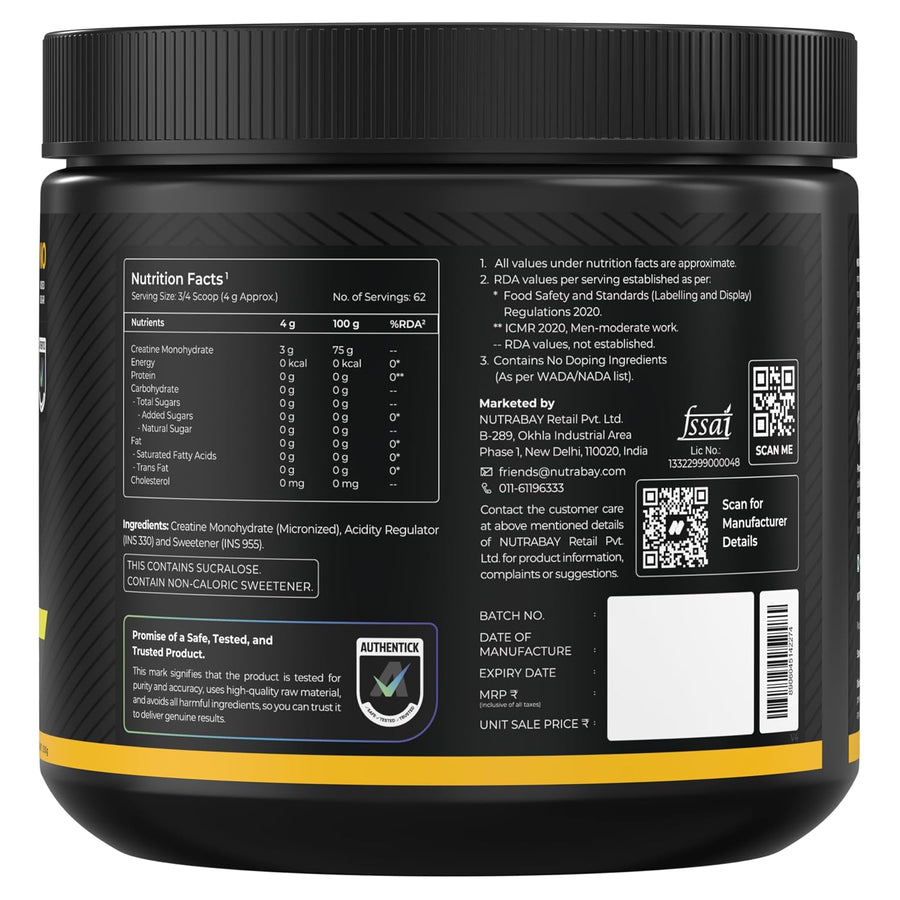 Nutrabay Gold Micronised Creatine Monohydrate Powder 3000 mg Creatine per Serving, NABL Lab Tested – Increases Muscle Mass, Strength & Power – Pre/Post Workout Supplement – 250g, Lemon