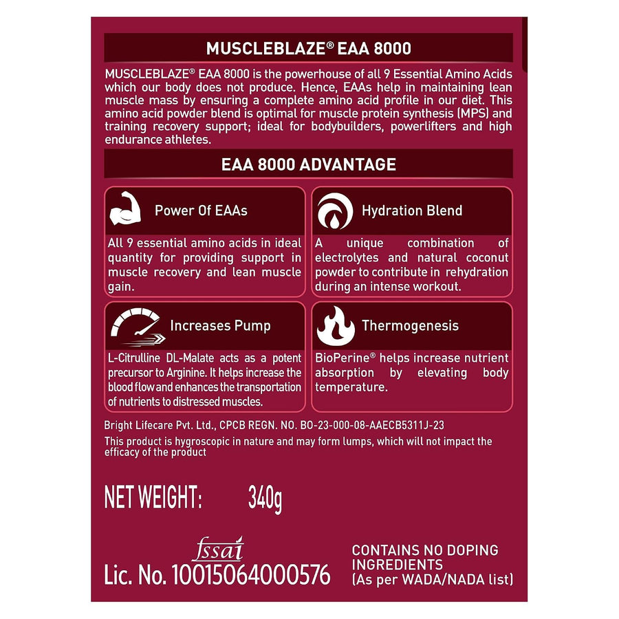 MuscleBlaze EAA 8000 | 340g (25 Servings) | Razz Lemonade | 8000mg EAAs