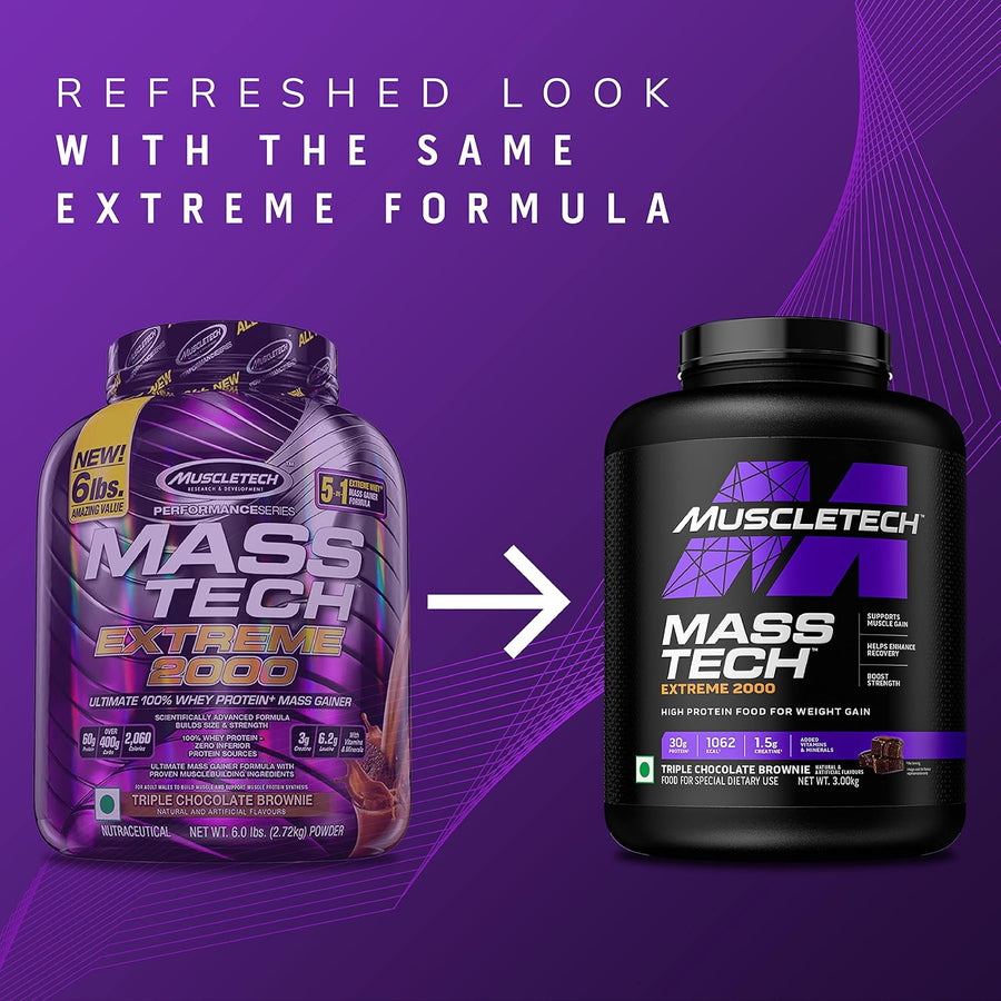 MuscleTech Mass-Tech Extreme 2000 | 3kg (10 Servings) | Triple Chocolate Brownie | 30g Protein