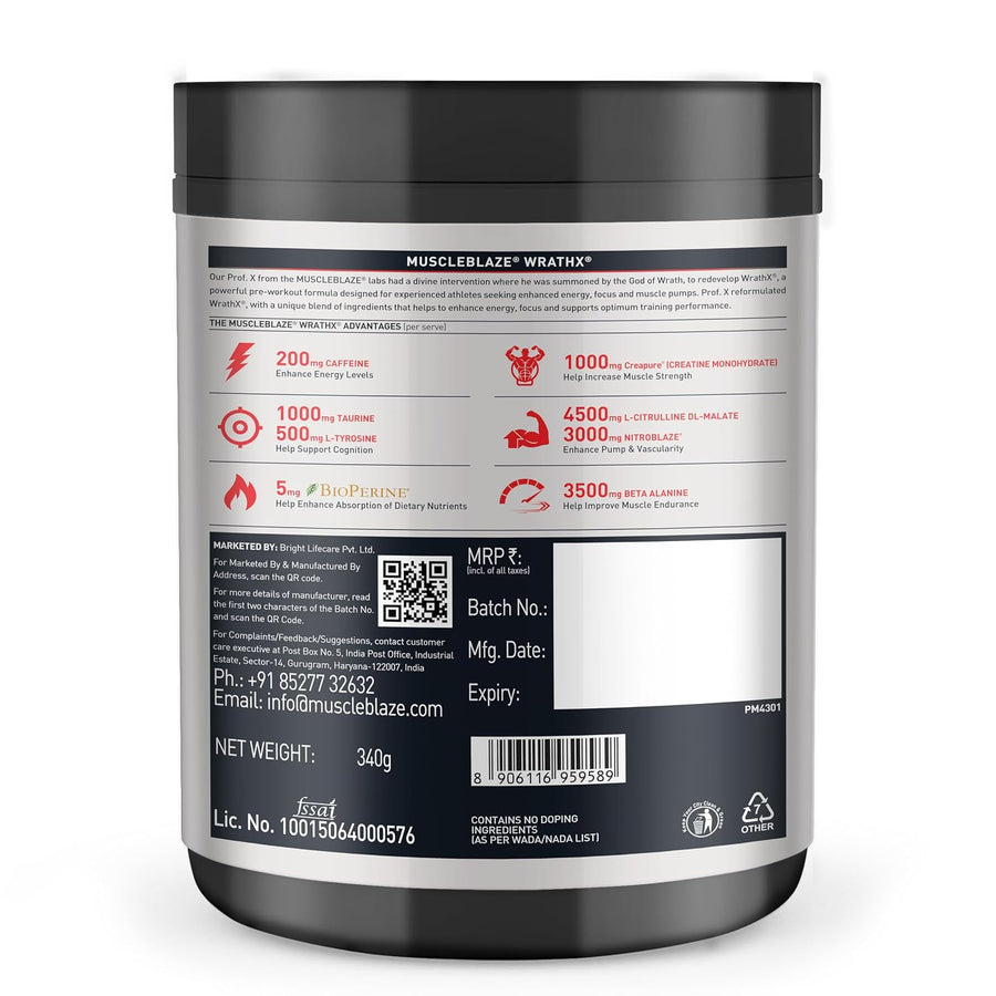 MuscleBlaze Pre Workout WrathX – 540g | Fruit Fury | 30 Servings | 8000mg L-Citrulline | 1500mg NitroBlaze® | 1000mg Creapure® Creatine | 200mg Caffeine + EnXtra® | Trustified Certified, Dope Free