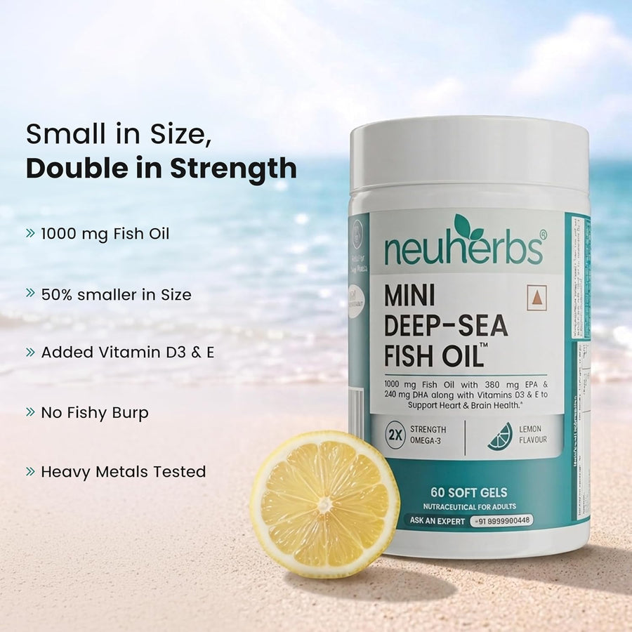 Neuherbs Mini Deep Sea Fish Oil | 1000mg Omega-3 | EPA 360mg & DHA 240mg | Vitamin E & D3 | Heart, Brain, Muscle & Joint Health | Lemon Flavour | 60 Softgels