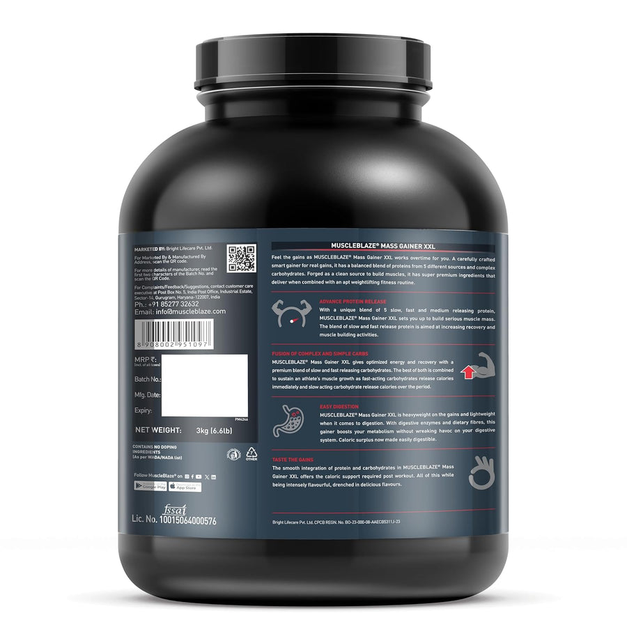 MuscleBlaze Mass Gainer XXL | 3kg (30 Servings) | Chocolate | 18g Protein