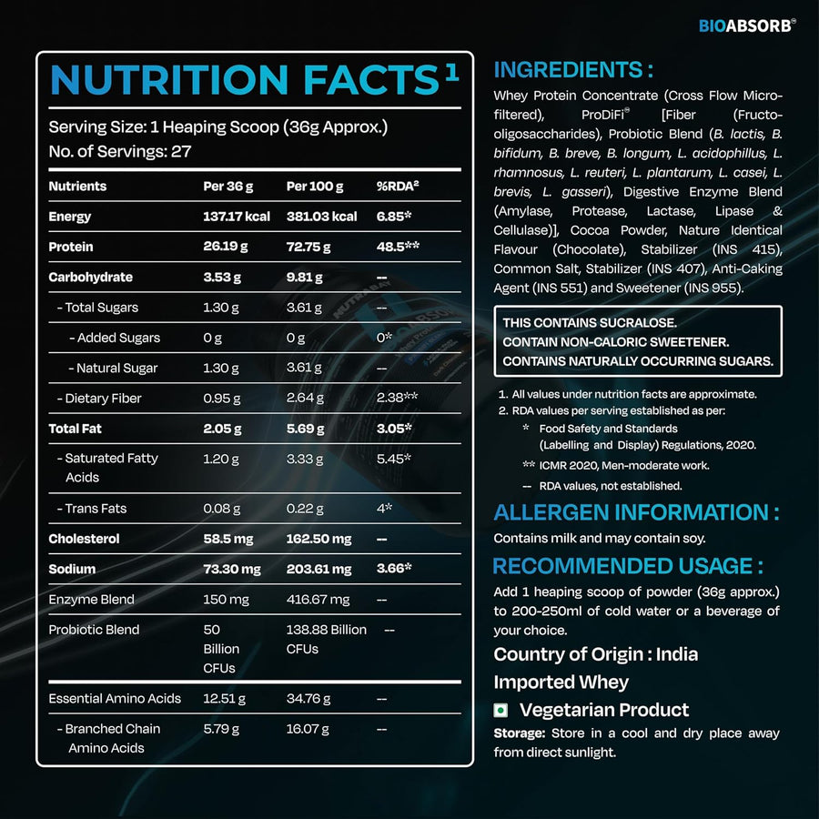 Nutrabay BioAbsorb Whey Protein Powder | 1kg (27 Servings) | Milk Chocolate | 26g Protein