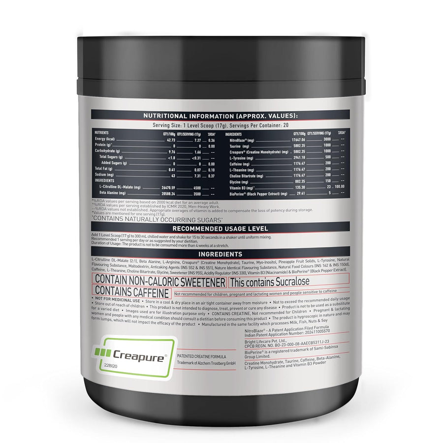 MuscleBlaze Pre Workout WrathX – 540g | Fruit Fury | 30 Servings | 8000mg L-Citrulline | 1500mg NitroBlaze® | 1000mg Creapure® Creatine | 200mg Caffeine + EnXtra® | Trustified Certified, Dope Free