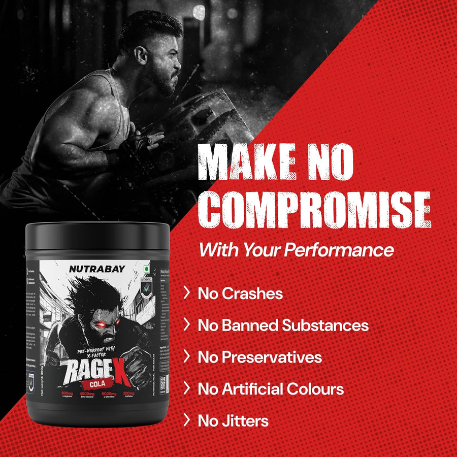 Nutrabay RageX Pre-Workout | 360g (30 Servings) | Cola | 200mg Caffeine