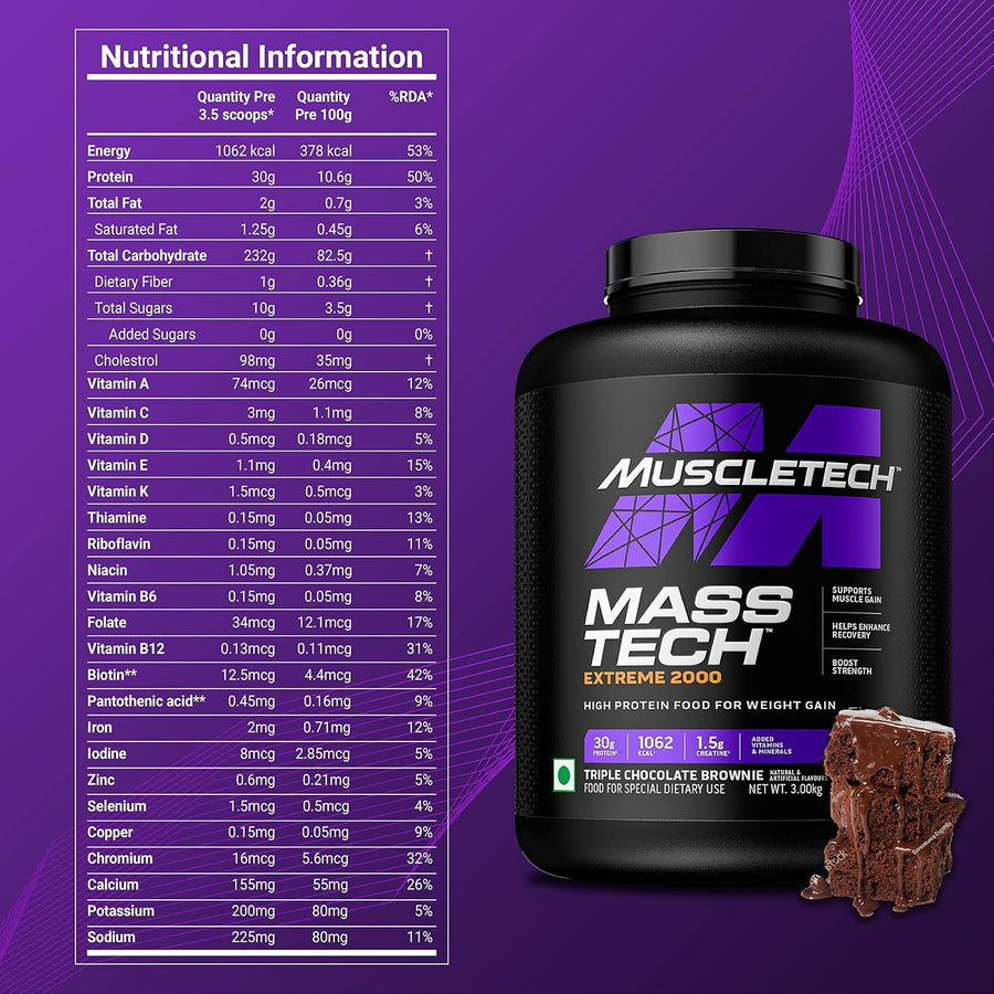 MuscleTech Mass-Tech Extreme 2000 | 3kg (10 Servings) | Triple Chocolate Brownie | 30g Protein