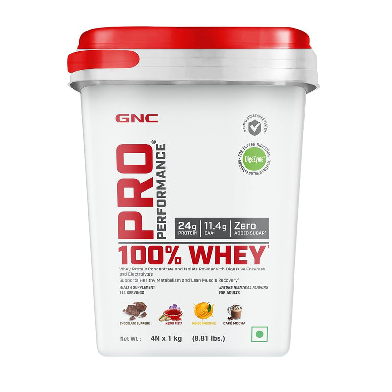 GNC Pro Performance 100% Whey Protein | 4kg (4 x 1kg Pouches) | Assorted 4 Flavours | 24g Protein