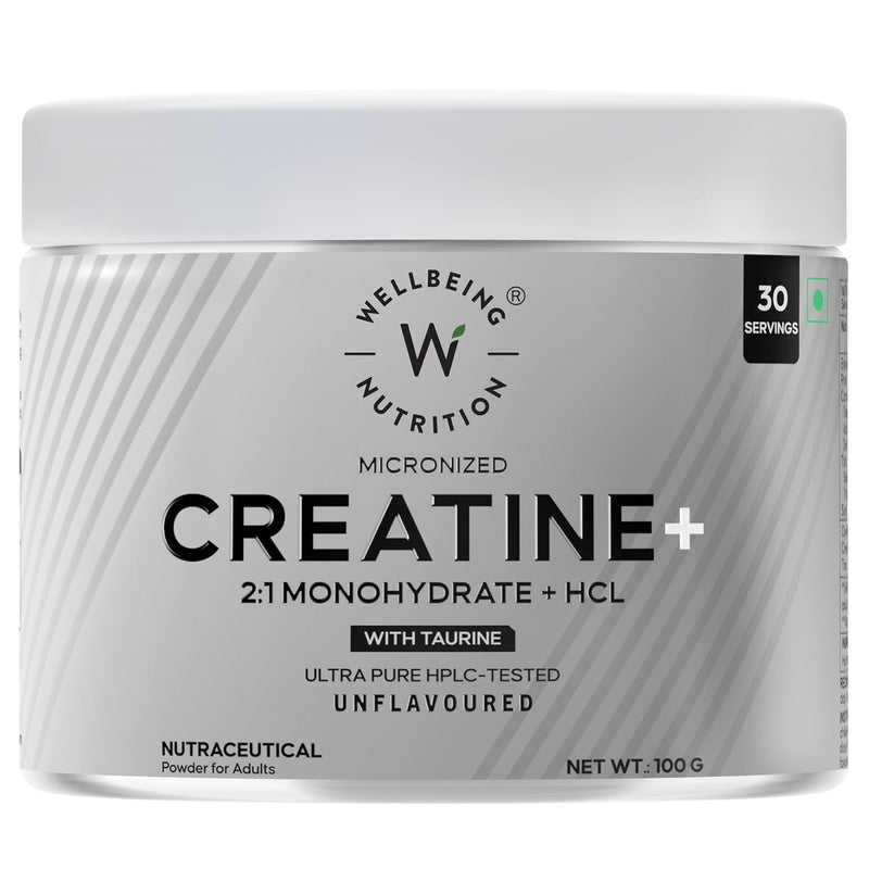 Wellbeing Nutrition Creatine+ – 100g | Unflavoured | 30 Servings | 2:1 Creatine Monohydrate + HCL | 300mg Taurine | HPLC-Tested, Ultra Pure | Micronised for Muscle Strength, Recovery & Cognition