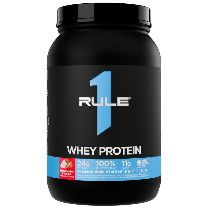 Rule1 1 R1 Whey Blend, Strawberries & Creme - 1.96 lbs Powder - 24g Whey Concentrates, Isolates & Hydrolysates with Naturally Occurring EAAs & BCAAs - 27 Servings