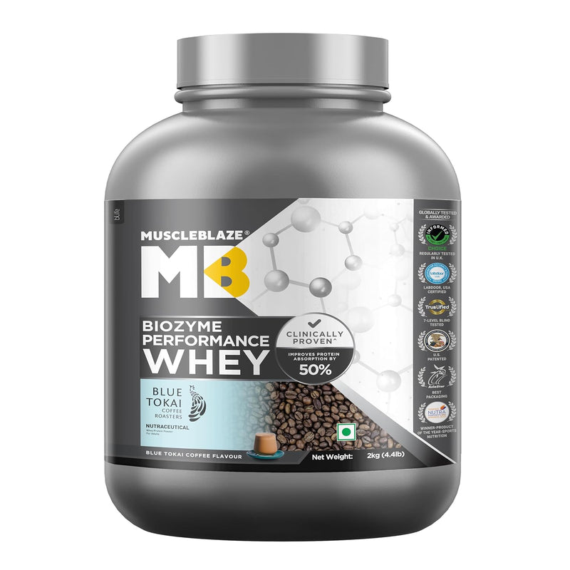 MuscleBlaze Biozyme Performance Whey Protein | 2kg (55 Servings) | Blue Tokai Coffee | 25g Protein