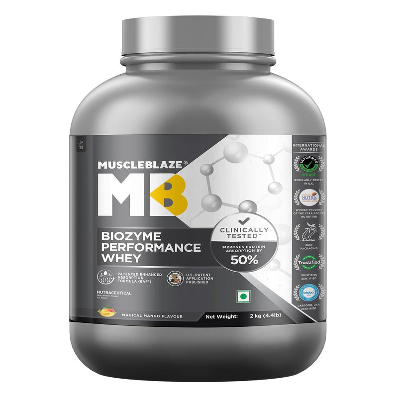 MuscleBlaze Biozyme Performance Whey | 2kg (56 Servings) | Magical Mango | 50% Higher Protein Absorption
