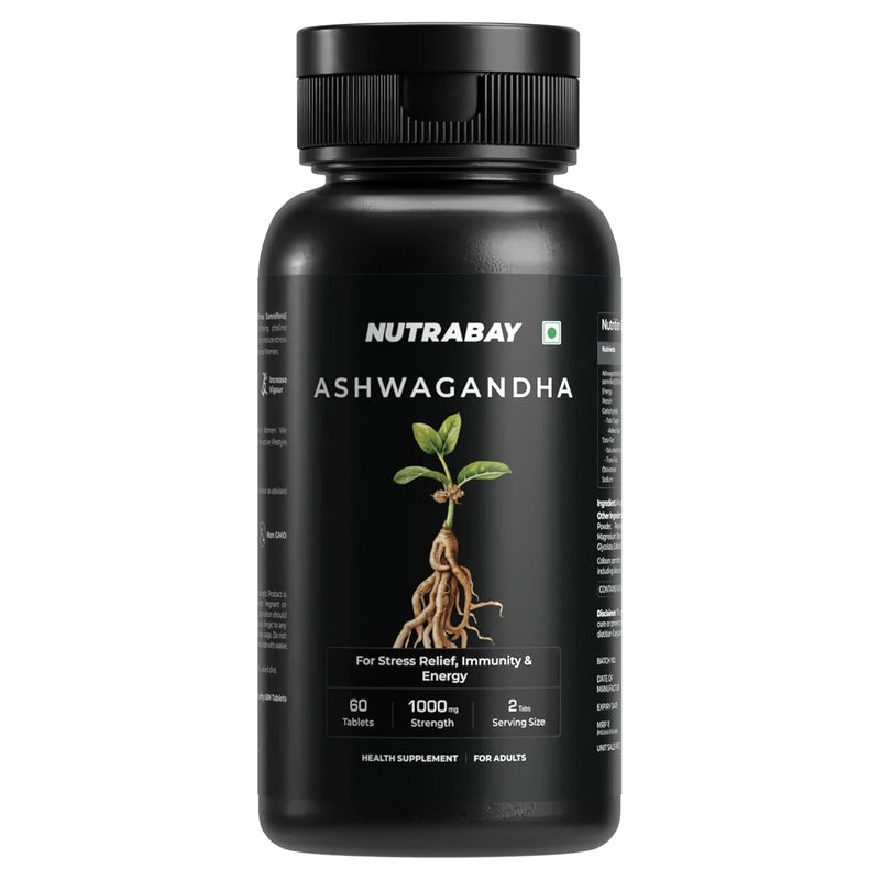 Nutrabay Wellness Ashwagandha Extract Tablet | 1000mg Withania Somnifera | Energy, Stamina, Immunity | Anxiety & Stress Relief | 60 Veg Tablets