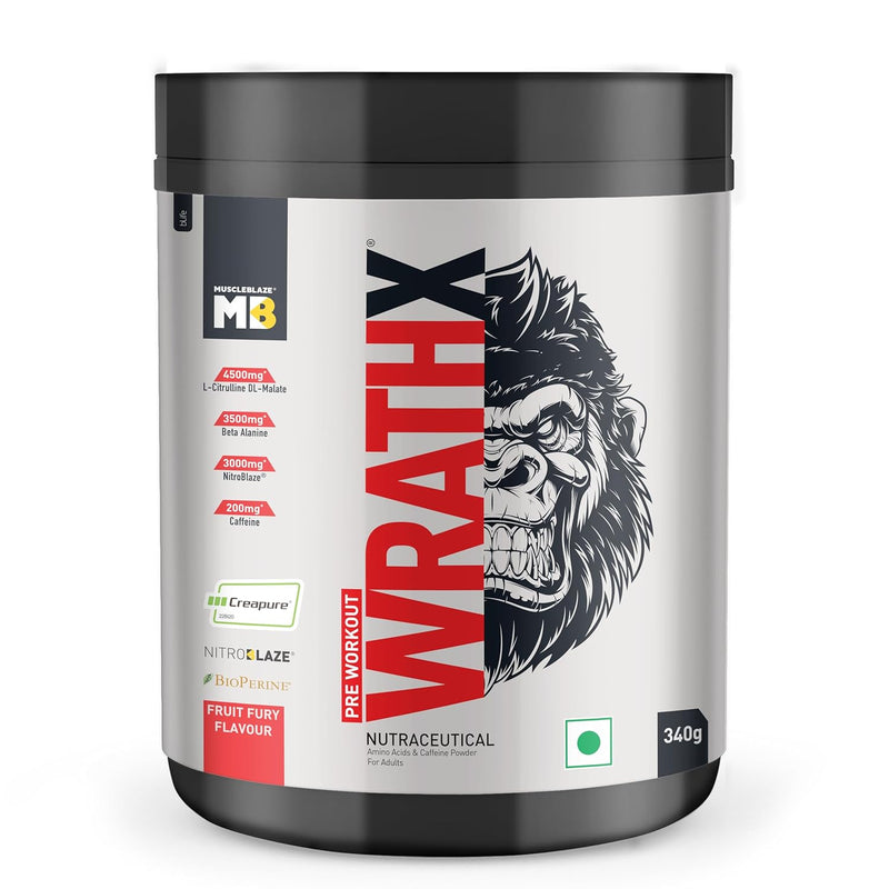 MuscleBlaze Pre Workout WrathX – 540g | Fruit Fury | 30 Servings | 8000mg L-Citrulline | 1500mg NitroBlaze® | 1000mg Creapure® Creatine | 200mg Caffeine + EnXtra® | Trustified Certified, Dope Free