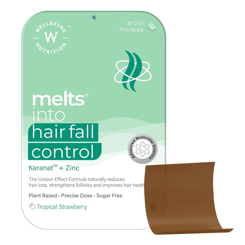 Wellbeing Nutrition Melts Hair Fall Control | Keranat, Zinc & Biotin | DHT Blocker | Nourish Follicles, Improve Volume & Thickness | 30 Oral Strips