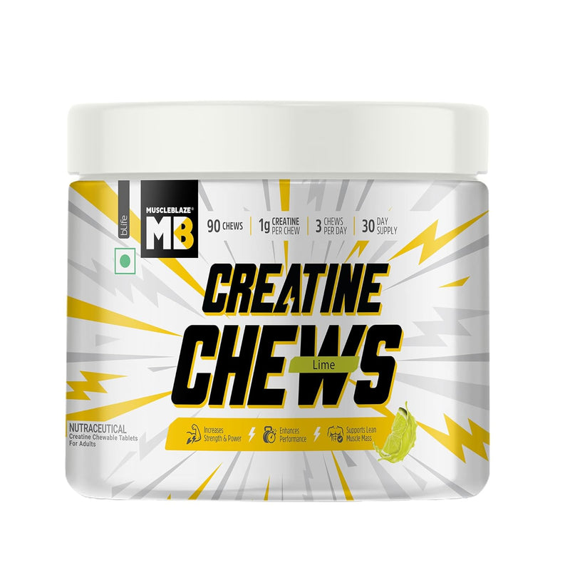 MuscleBlaze Creatine Chews – 90 Tablets | 1g Creatine Per Chew | 3g Daily Dose | No Mixing | 30-Day Supply | Lime