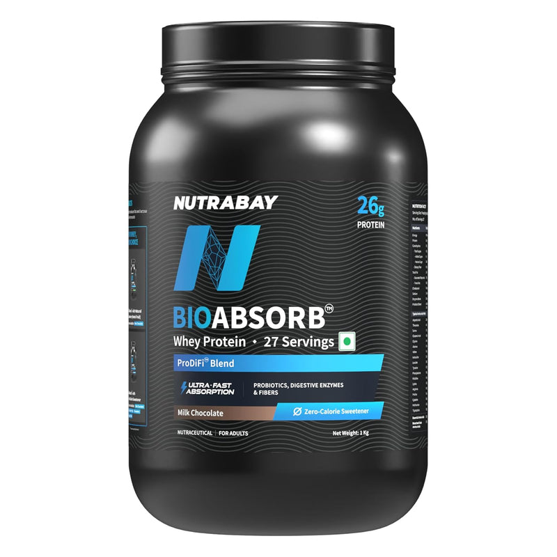Nutrabay BioAbsorb Whey Protein Powder | 1kg (27 Servings) | Milk Chocolate | 26g Protein