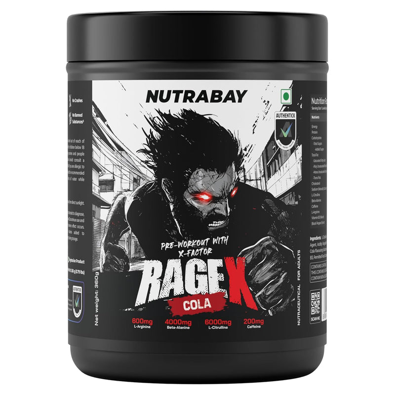 Nutrabay RageX Pre-Workout | 360g (30 Servings) | Cola | 200mg Caffeine