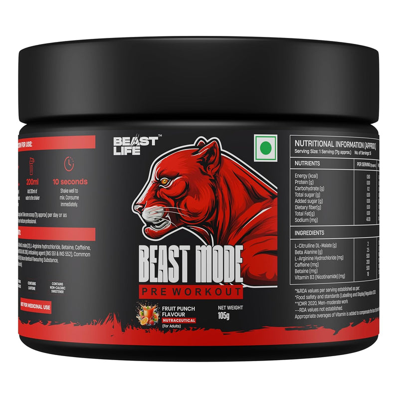 Beastlife Beast Mode Pre Workout – 105g | Fruit Punch | 30 Servings | 200mg Caffeine | 2500mg Beta-Alanine | 2000mg Citrulline | 500mg Betaine | Pump, Energy & Focus