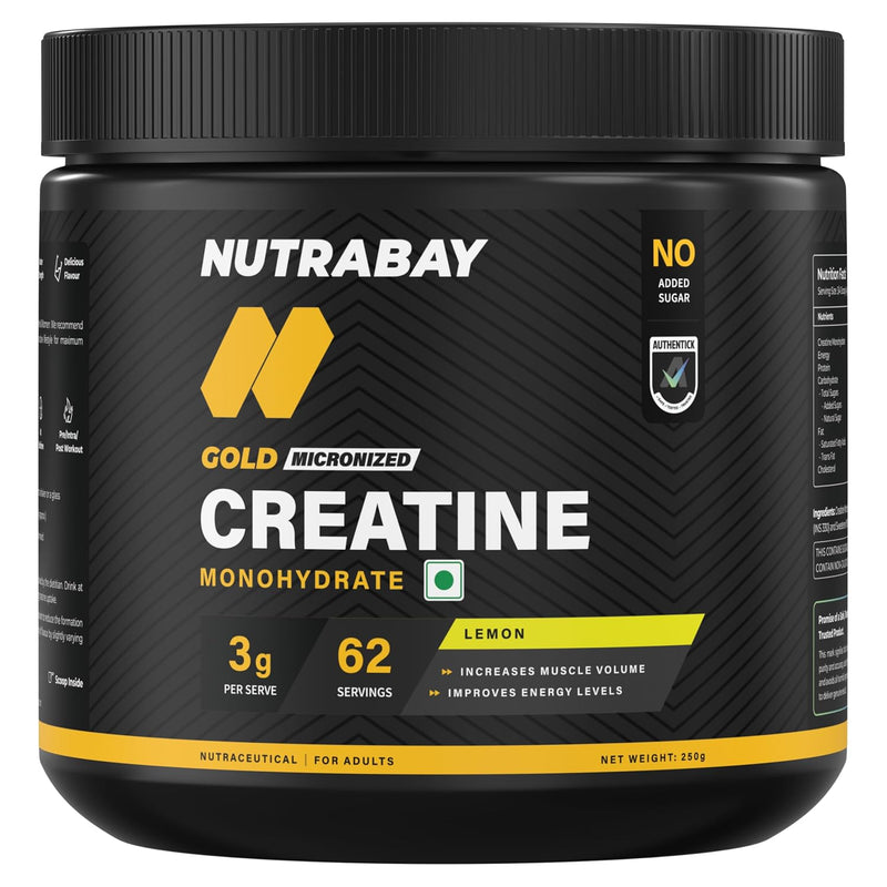 Nutrabay Gold Micronised Creatine Monohydrate Powder 3000 mg Creatine per Serving, NABL Lab Tested – Increases Muscle Mass, Strength & Power – Pre/Post Workout Supplement – 250g, Lemon