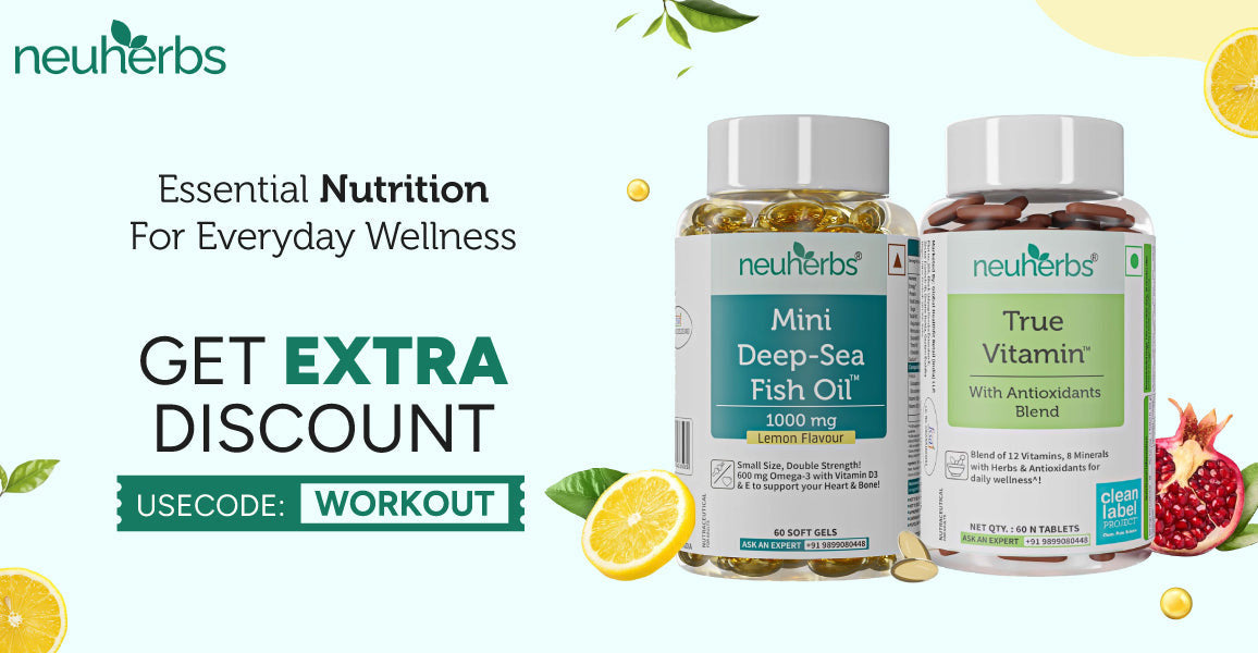 Neuherbs essential nutrition for everyday wellness: Mini Deep-Sea Fish Oil and True Vitamin.
