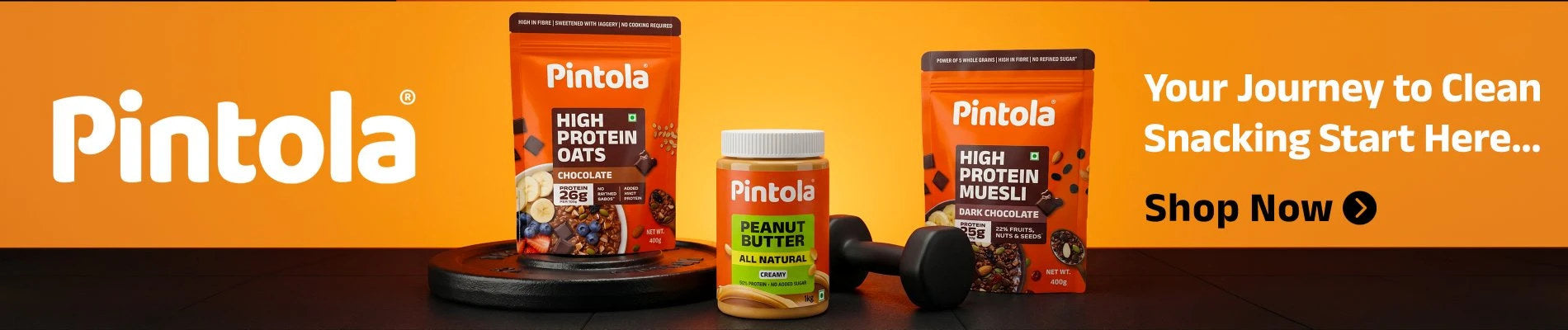 Pintola: your journey to clean snacking starts here. High protein oats, peanut butter and muesli.