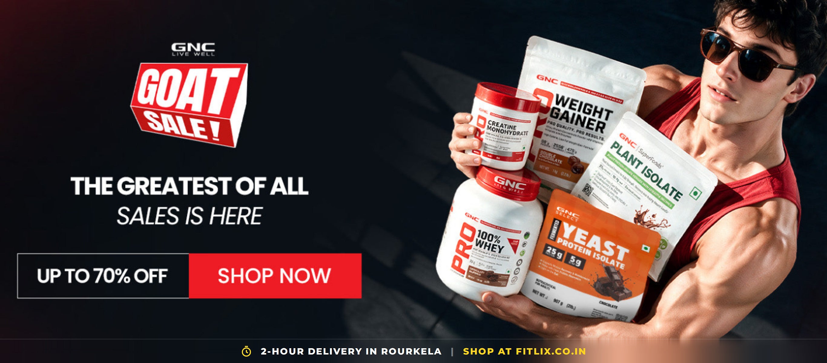 GNC GOAT Sale, the greatest of all sales is here. Up to 70% off. 2-hour delivery in Rourkela. Shop at fitlix.co.in.