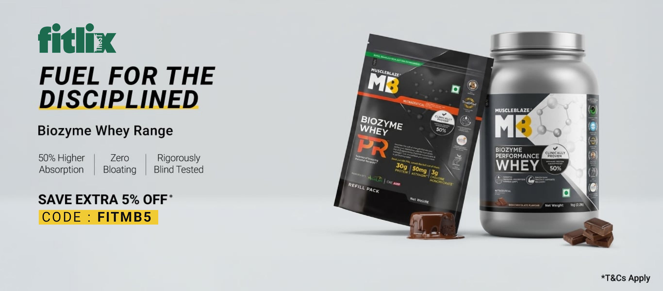 MuscleBlaze Biozyme Whey range: fuel for the disciplined. 50% higher absorption, zero bloating, rigorously blind tested. Save extra 5% with code FITMB5. T&Cs apply.