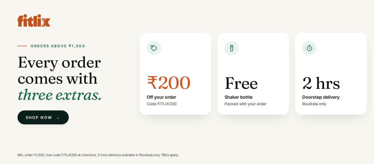 Every order above ₹1,500 comes with three extras: ₹200 off with code FITLIX200, a free shaker bottle, and 2-hour doorstep delivery in Rourkela.